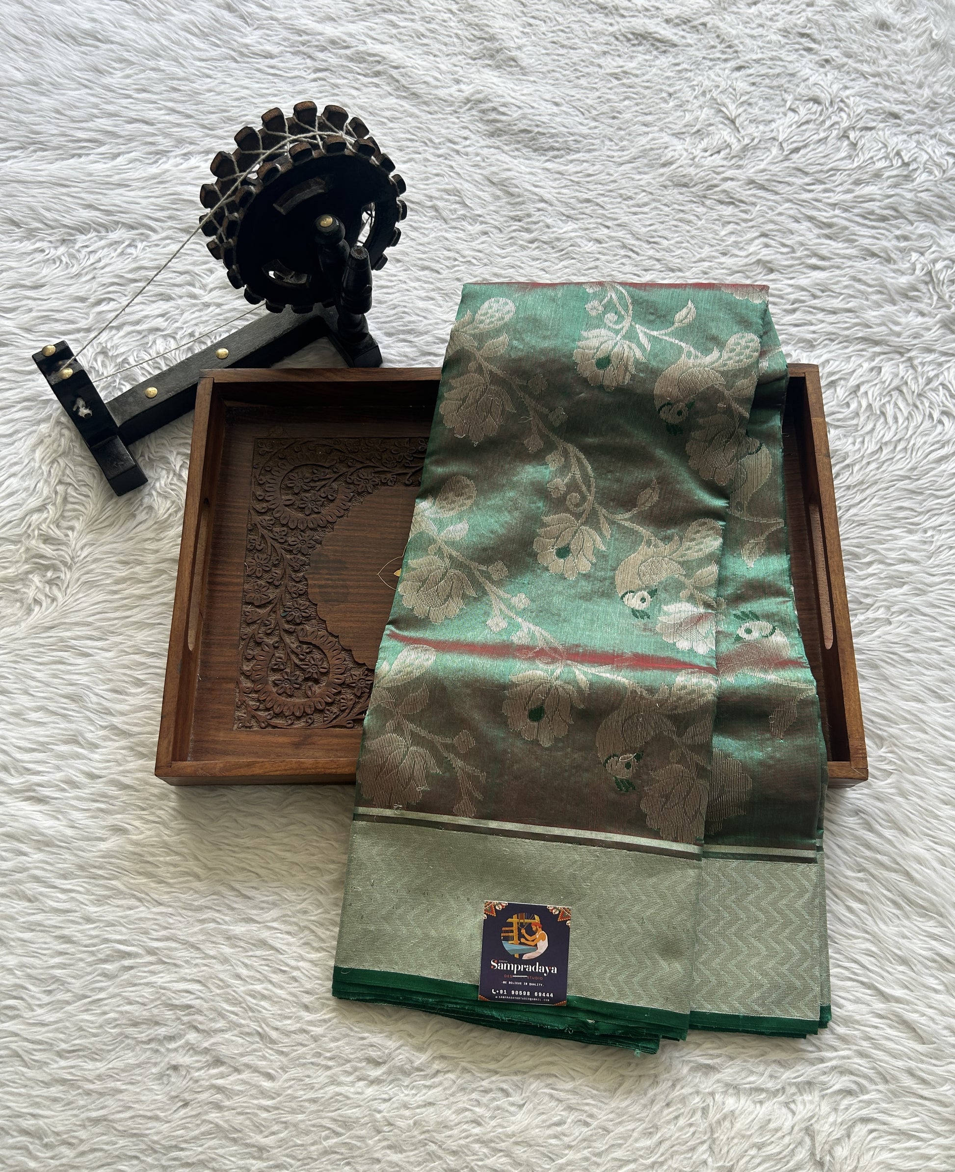 Chanderi Silk Saree Light Teal Green color complemented with a Zari border - Sampradaya Designer Studio
