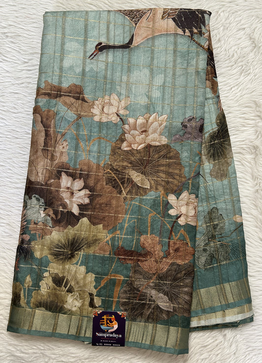 Semi Tussar Tissue Designer Saree Green Blue colored Saree complemented with a Zari Border. - Sampradaya Designer Studio