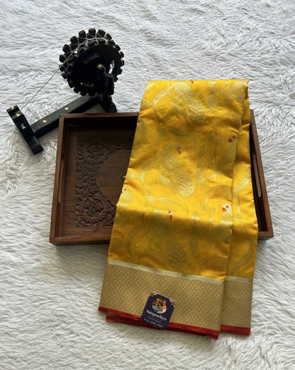 Chanderi Silk Saree Dark Yellow color complemented with a Zari border - Sampradaya Designer Studio