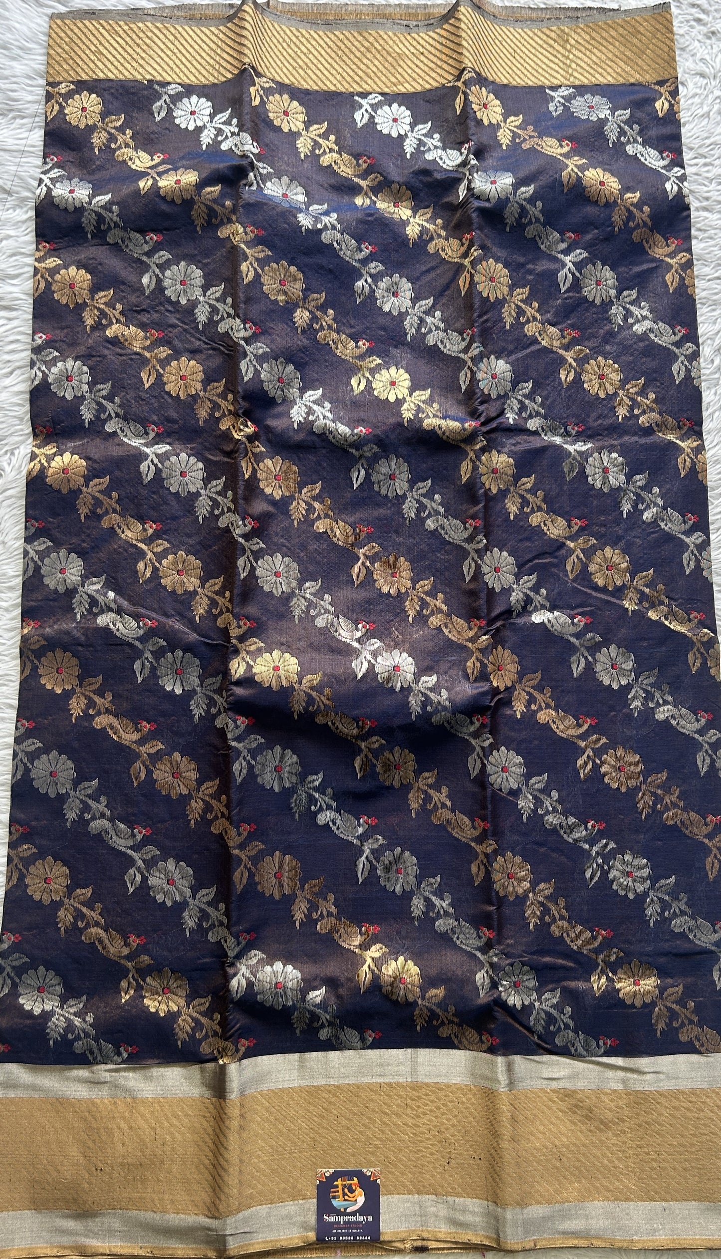 Chanderi Silk Saree Navy Blue color complemented with a Zari border - Sampradaya Designer Studio