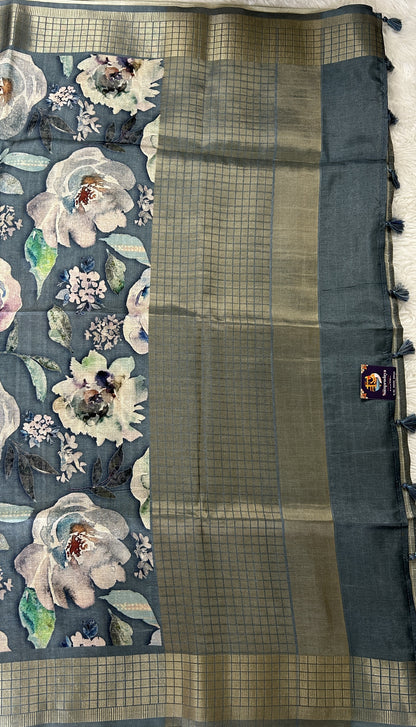 Semi Tussar Tissue Designer Saree Deep Sea Blue colored complemented with a Zari Border. - Sampradaya Designer Studio