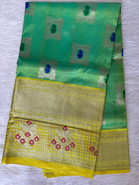 Venkatagiri Pattu Saree Greenish Yellow Colored Complemented With a Pattu Lemon Yellow Color Border - Sampradaya Designer Studio