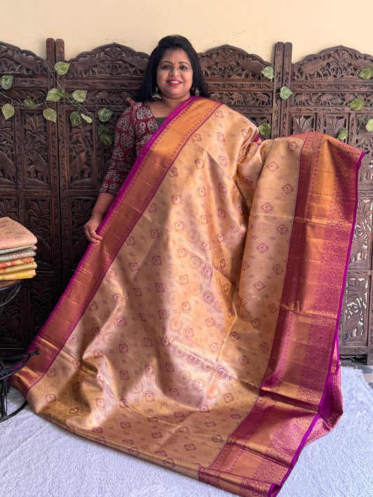 Peach Kanjivaram Bridal Silk Saree With Gold Zari Border  | Handloom | Silk Mark Certified.