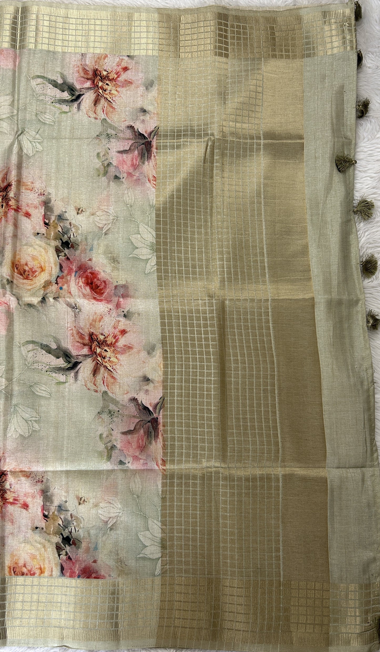 Semi Tussar Tissue Designer Saree Pastel Green colored complemented with a Zari Border. - Sampradaya Designer Studio