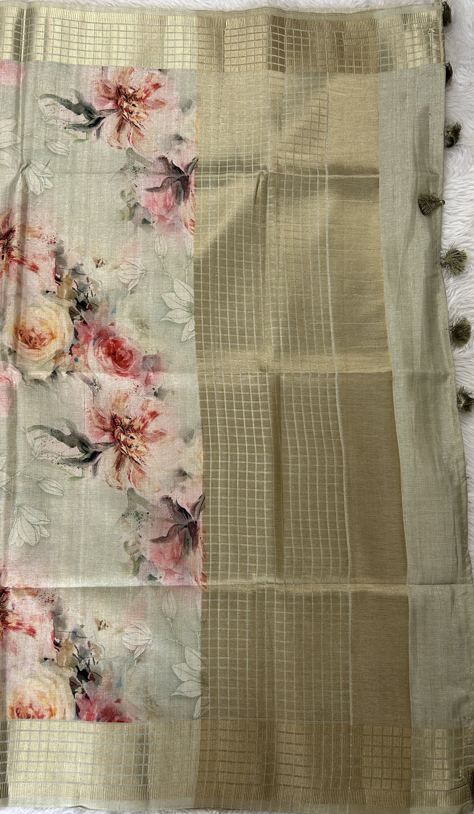 Semi Tussar Tissue Designer Saree Pastel Green colored complemented with a Zari Border. - Sampradaya Designer Studio