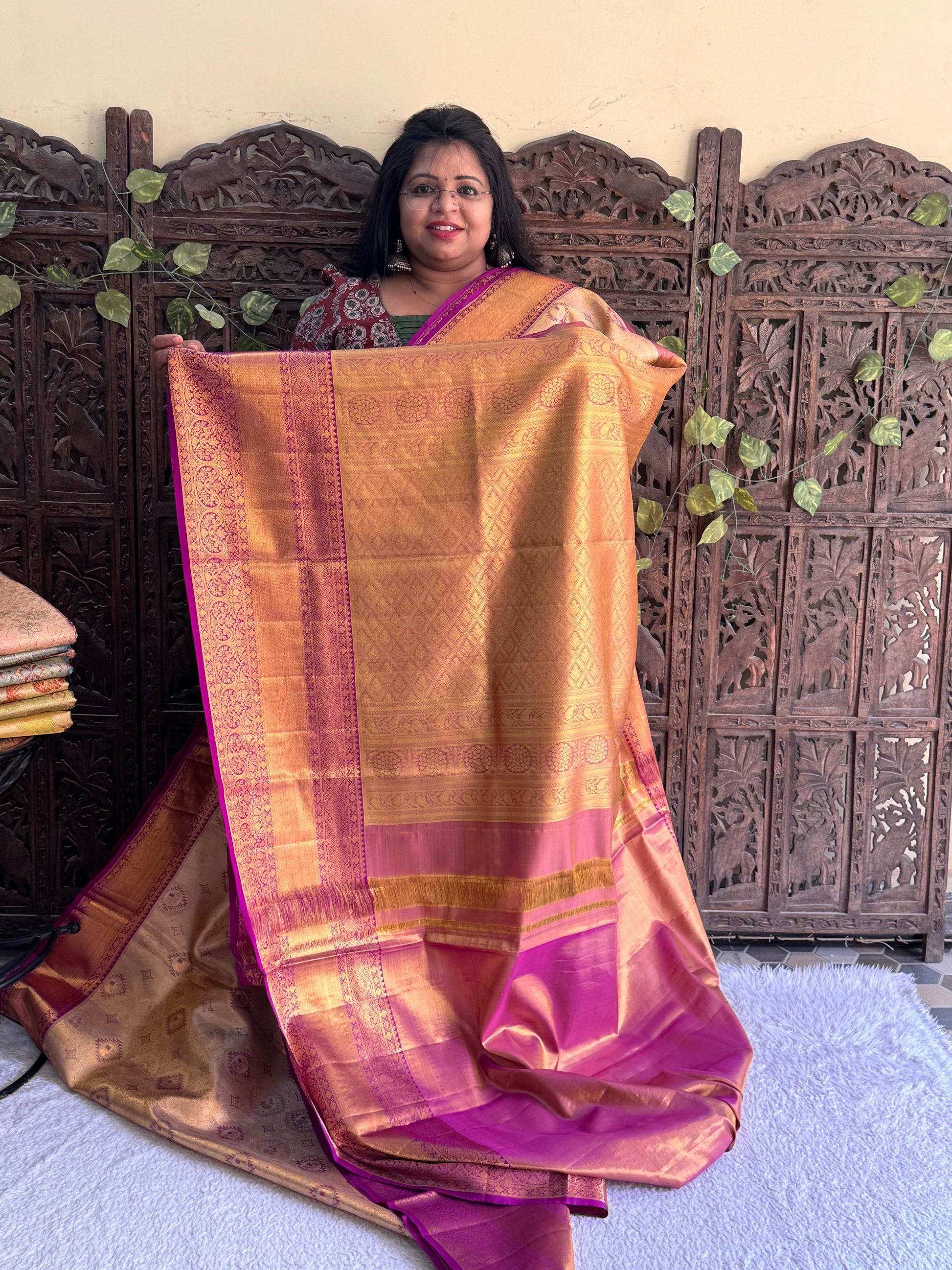 Peach Kanjivaram Bridal Silk Saree With Gold Zari Border  | Handloom | Silk Mark Certified. - Sampradaya Designer Studio