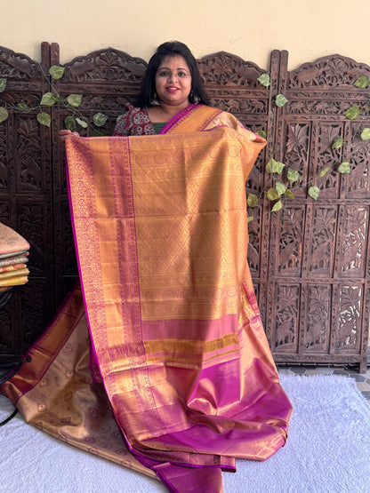 Peach Kanjivaram Bridal Silk Saree With Gold Zari Border  | Handloom | Silk Mark Certified. - Sampradaya Designer Studio