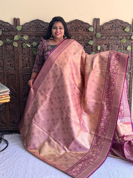 Baby Pink Kanjivaram Bridal Silk Saree With Gold Zari Border  | Handloom | Silk Mark Certified.