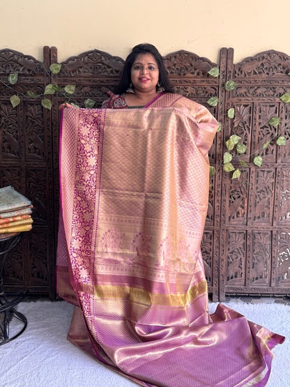 Baby Pink Kanjivaram Bridal Silk Saree With Gold Zari Border  | Handloom | Silk Mark Certified. - Sampradaya Designer Studio