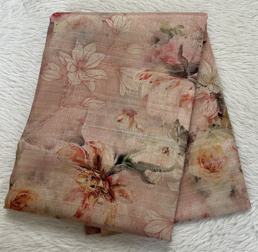 Semi Tussar Tissue Designer Saree Peach colored complemented with a Zari Border. - Sampradaya Designer Studio