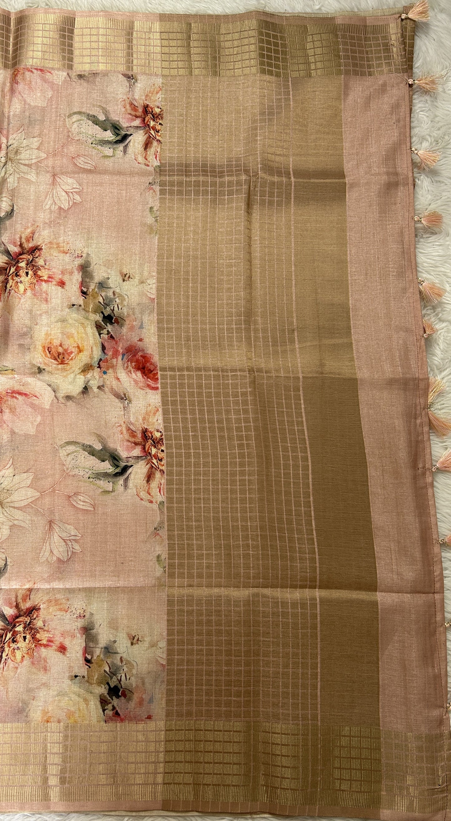Semi Tussar Tissue Designer Saree Peach colored complemented with a Zari Border. - Sampradaya Designer Studio