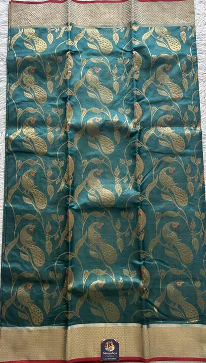 Chanderi Silk Saree Rama Green color complemented with a Zari border - Sampradaya Designer Studio