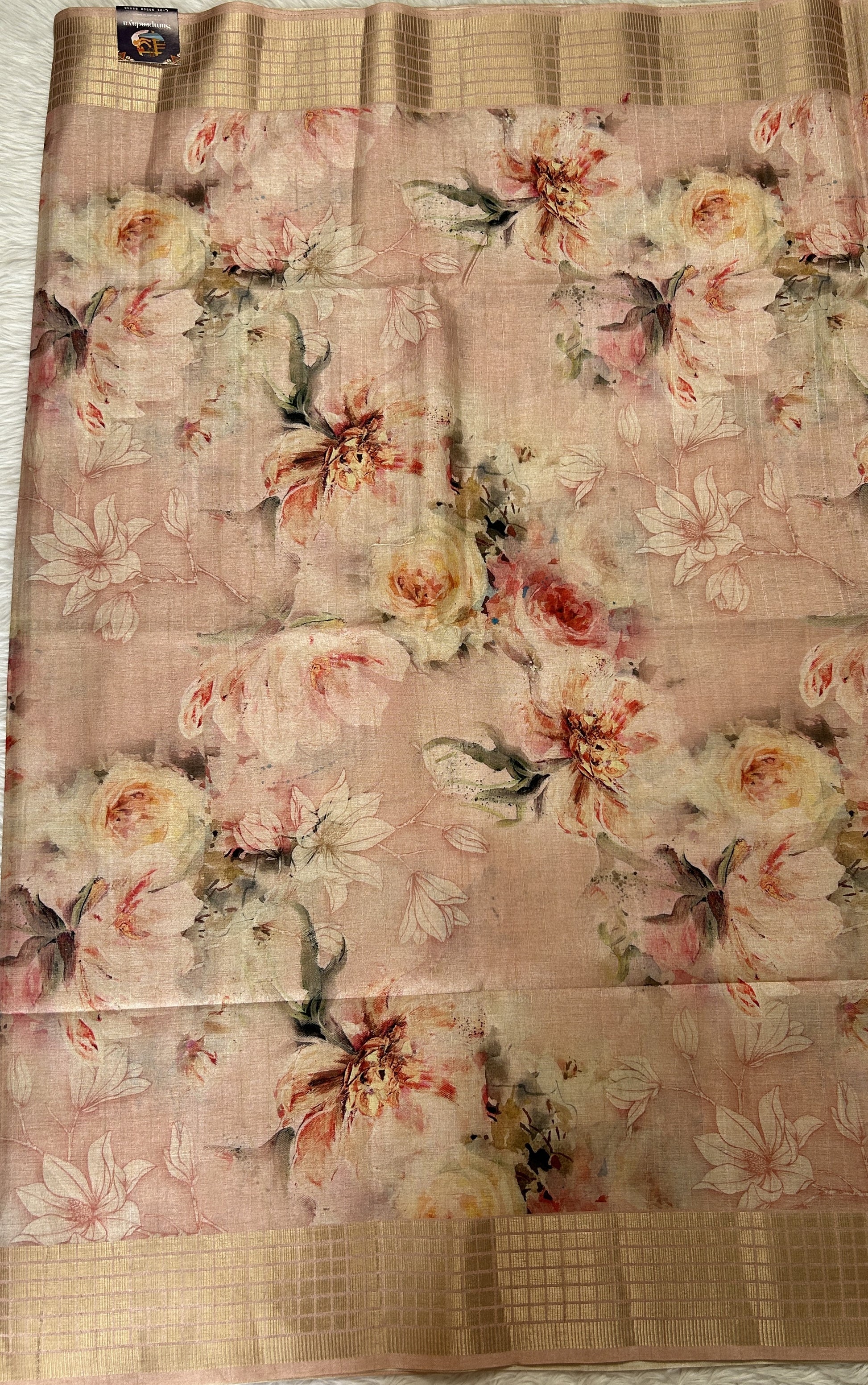 Semi Tussar Tissue Designer Saree Peach colored complemented with a Zari Border. - Sampradaya Designer Studio