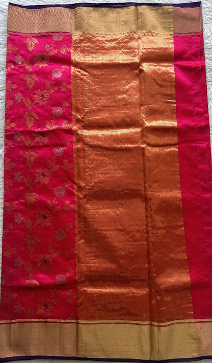 Chanderi Silk Saree Dark Pink color complemented with a Zari border - Sampradaya Designer Studio