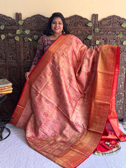 Pink Kanjivaram Bridal Silk Saree With Gold Zari Border  | Handloom | Silk Mark Certified.