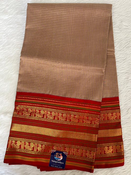 Venkatagiri Pattu Saree Beige Colored Complemented With a Pattu Red Color Kuttu Border - Sampradaya Designer Studio