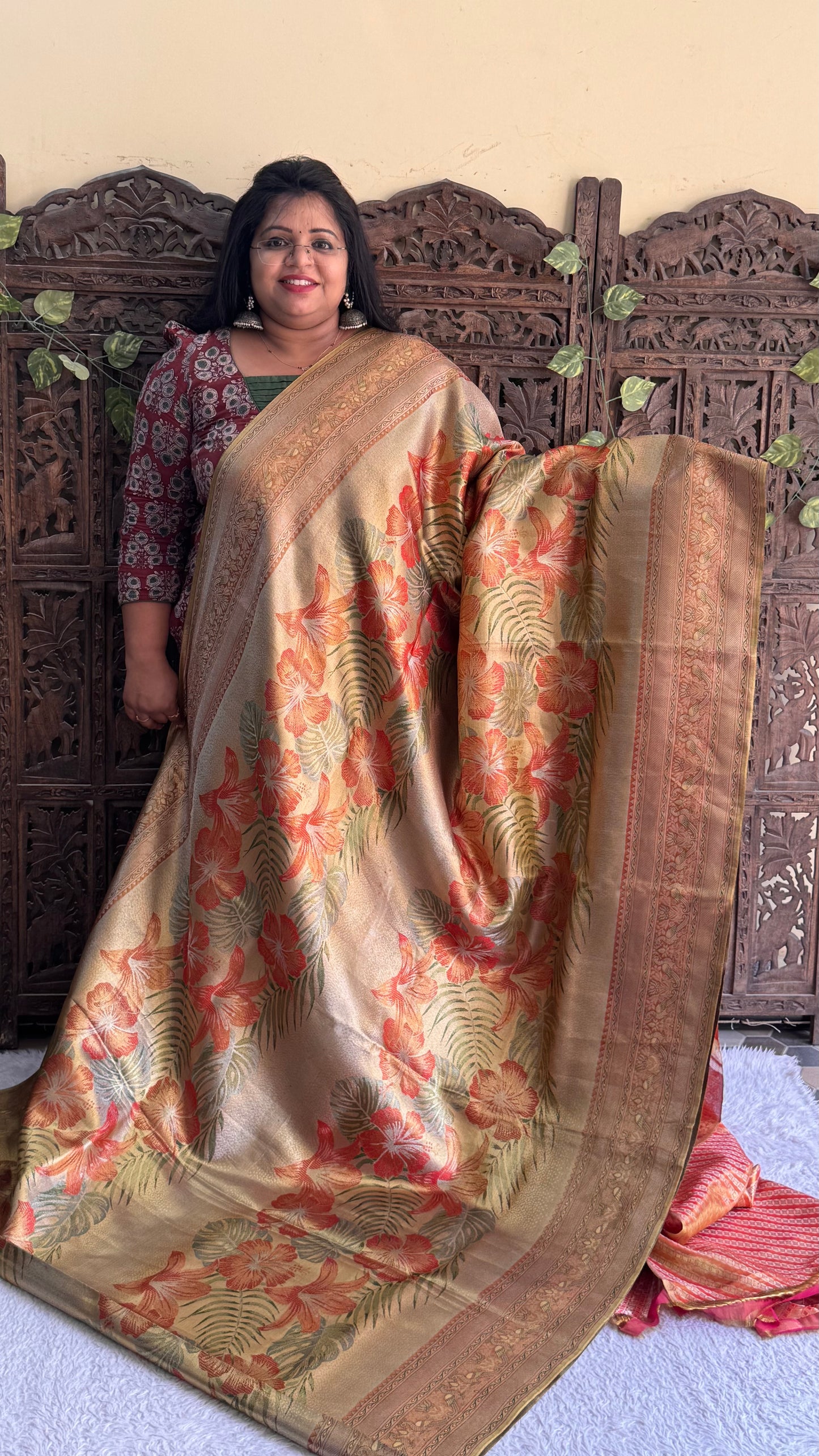 Gold Kanjivaram Bridal Silk Saree With Gold Zari Border  | Handloom | Silk Mark Certified - Sampradaya Designer Studio