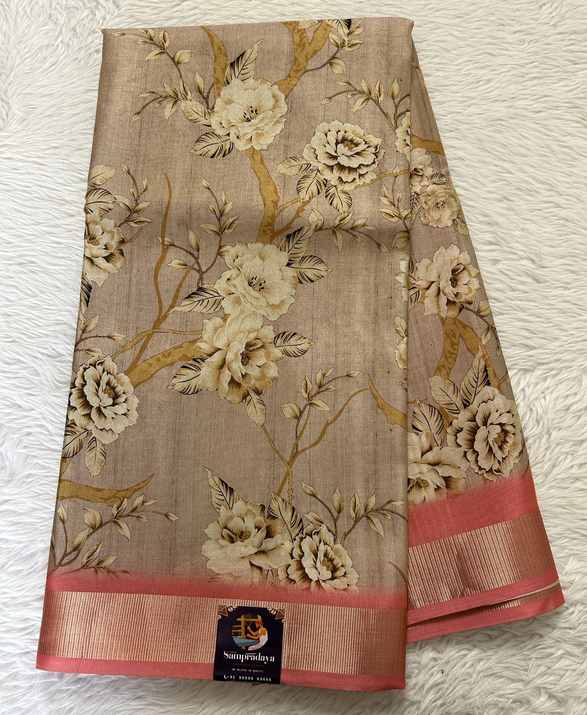 Semi Tussar Tissue Designer Saree Pastel Brown colored complemented with a Peach Color Zari Border. - Sampradaya Designer Studio