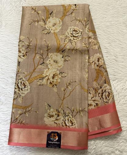Semi Tussar Tissue Designer Saree Pastel Brown colored complemented with a Peach Color Zari Border. - Sampradaya Designer Studio