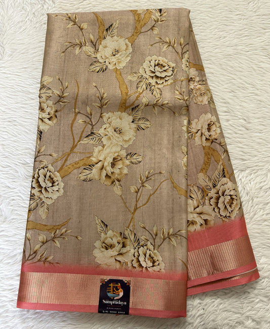 Semi Tussar Tissue Designer Saree Pastel Brown colored complemented with a Peach Color Zari Border. - Sampradaya Designer Studio