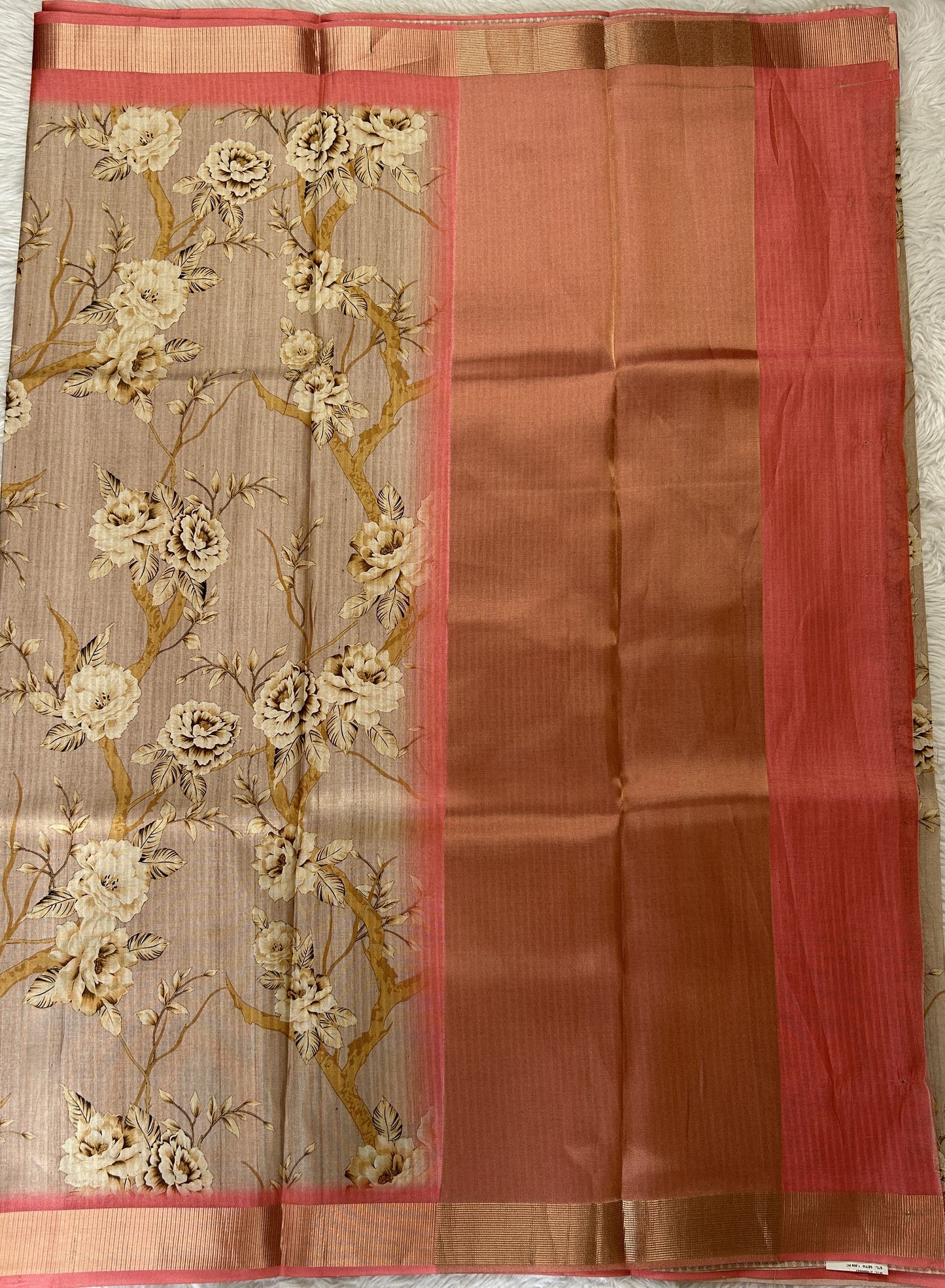 Semi Tussar Tissue Designer Saree Pastel Brown colored complemented with a Peach Color Zari Border. - Sampradaya Designer Studio