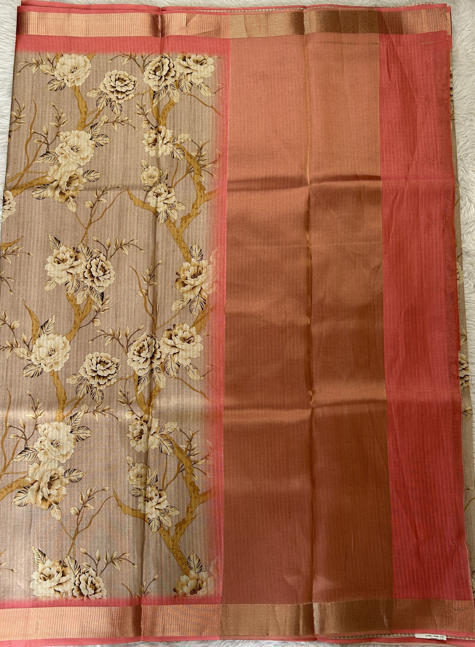 Semi Tussar Tissue Designer Saree Pastel Brown colored complemented with a Peach Color Zari Border. - Sampradaya Designer Studio