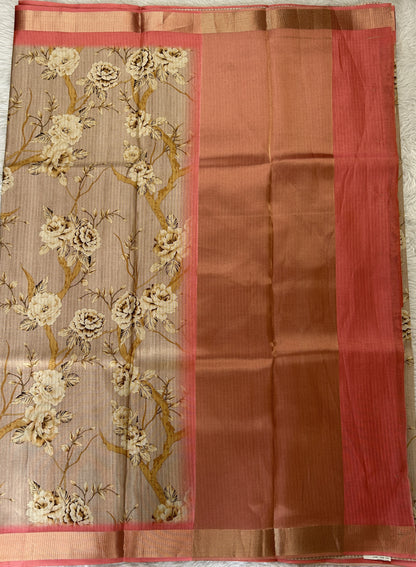 Semi Tussar Tissue Designer Saree Pastel Brown colored complemented with a Peach Color Zari Border. - Sampradaya Designer Studio