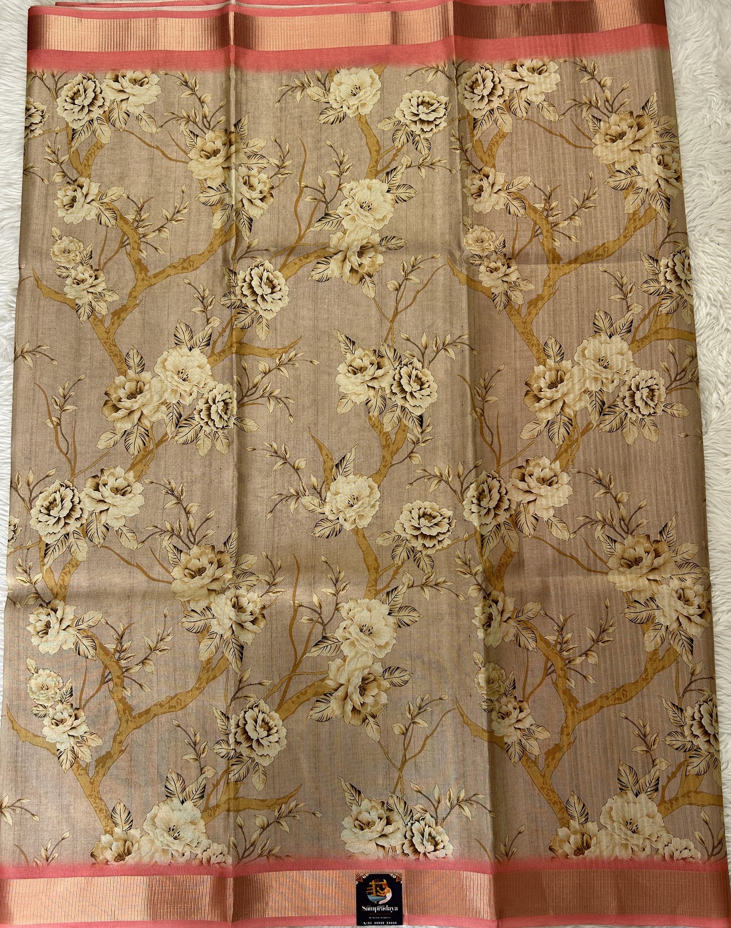 Semi Tussar Tissue Designer Saree Pastel Brown colored complemented with a Peach Color Zari Border. - Sampradaya Designer Studio