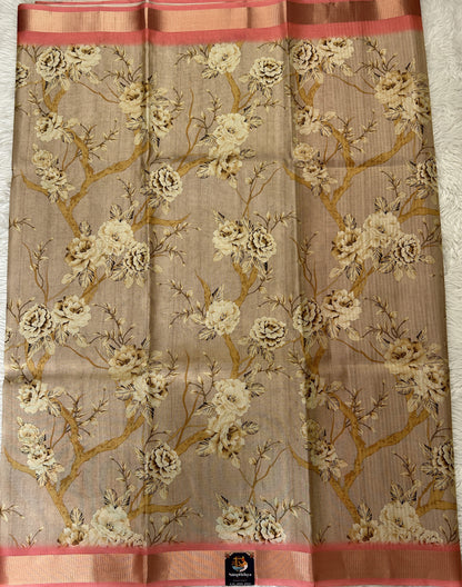 Semi Tussar Tissue Designer Saree Pastel Brown colored complemented with a Peach Color Zari Border. - Sampradaya Designer Studio