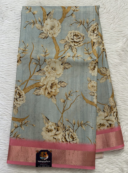 Semi Tussar Tissue Designer Saree Pastel Blue colored complemented with a Pink Color Zari Border. - Sampradaya Designer Studio
