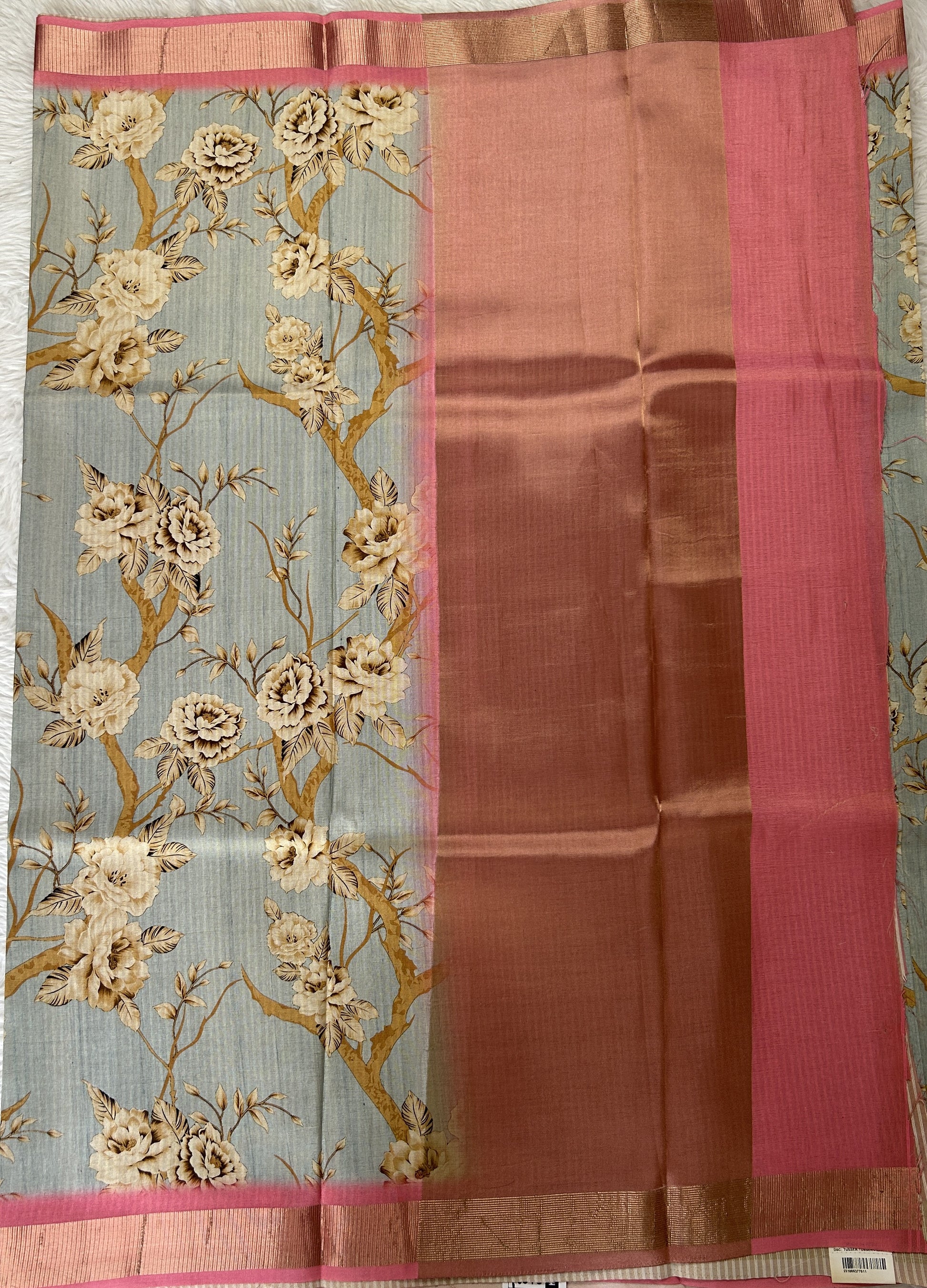 Semi Tussar Tissue Designer Saree Pastel Blue colored complemented with a Pink Color Zari Border. - Sampradaya Designer Studio
