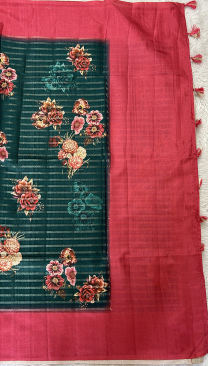 Semi Tussar Tissue Designer Saree Bottle Green colored complemented with a Pink Plain Border. - Sampradaya Designer Studio