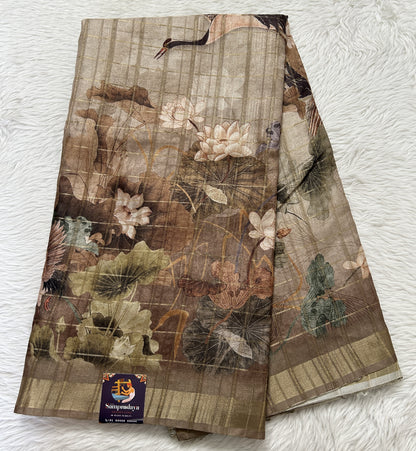 Semi Tussar Tissue Designer Saree Beige colored complemented with a Brown Zari Border. - Sampradaya Designer Studio