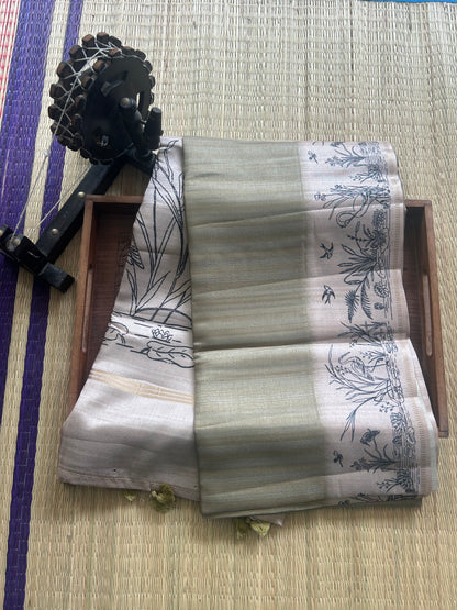 Semi Tussar Silk Saree -olive green color with Gold Zari Border - Elegant Fancy Saree for Party & Office Wear.