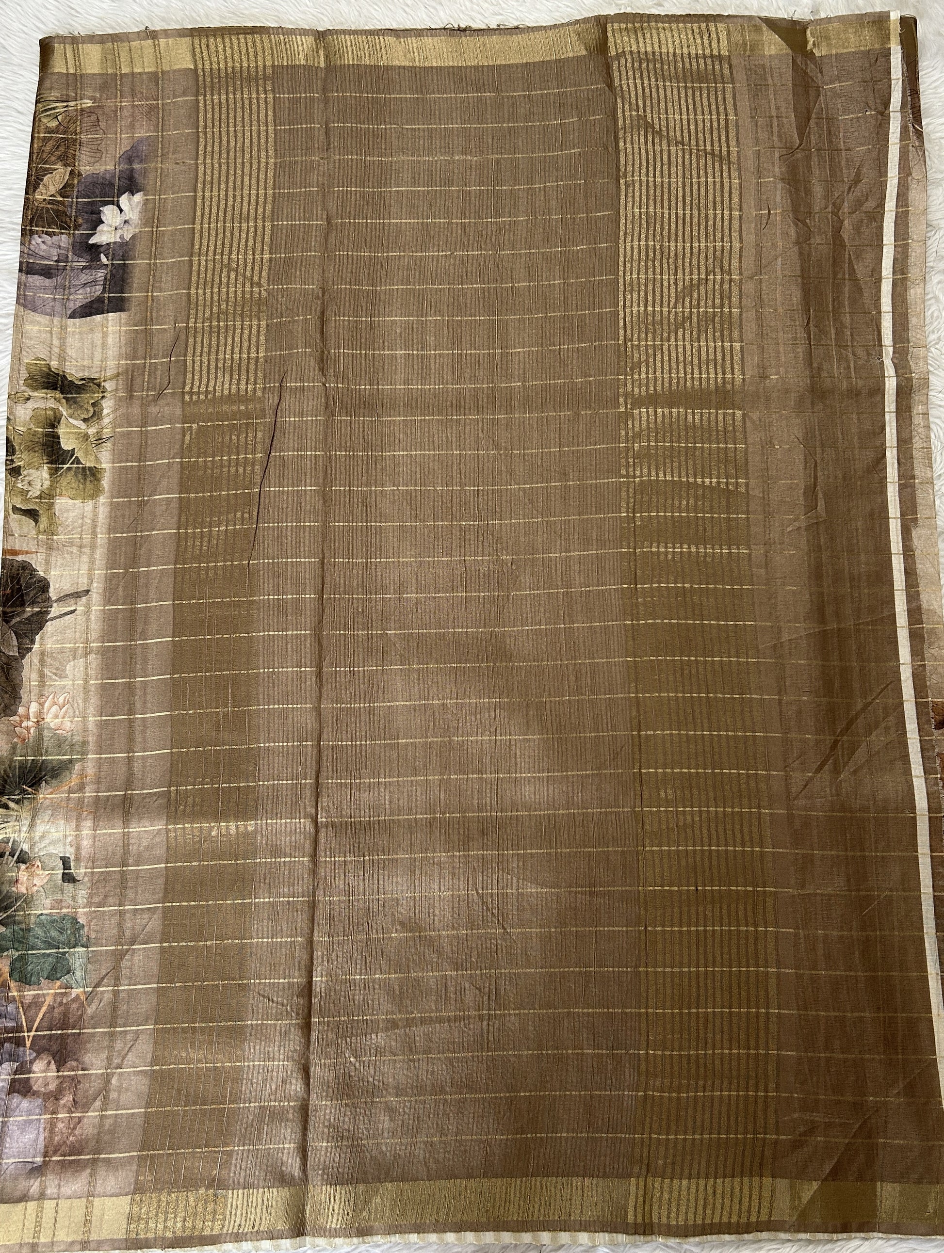 Semi Tussar Tissue Designer Saree Beige colored complemented with a Brown Zari Border. - Sampradaya Designer Studio
