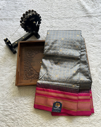 Narayanpet Silk Checks Saree Gray Colored Complemented with a Zari Border. - Sampradaya Designer Studio