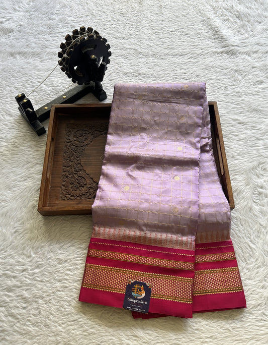 Narayanpet Silk Checks Saree Lilac Colored Complemented with a Pink Zari Border. - Sampradaya Designer Studio