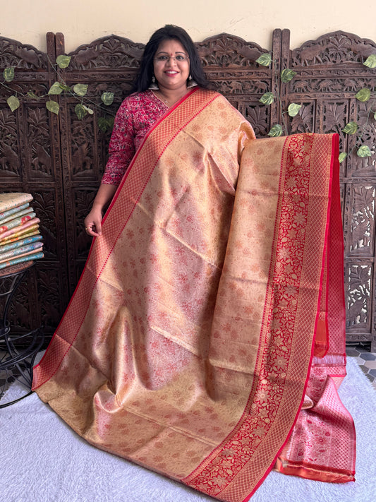 Peach Kanjivaram Bridal Silk Saree With Gold Zari Border  | Handloom | Silk Mark Certified.