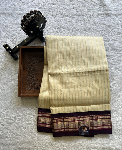 Narayanpet Silk Saree Cream Colored Complemented with a Violet Zari Border. - Sampradaya Designer Studio