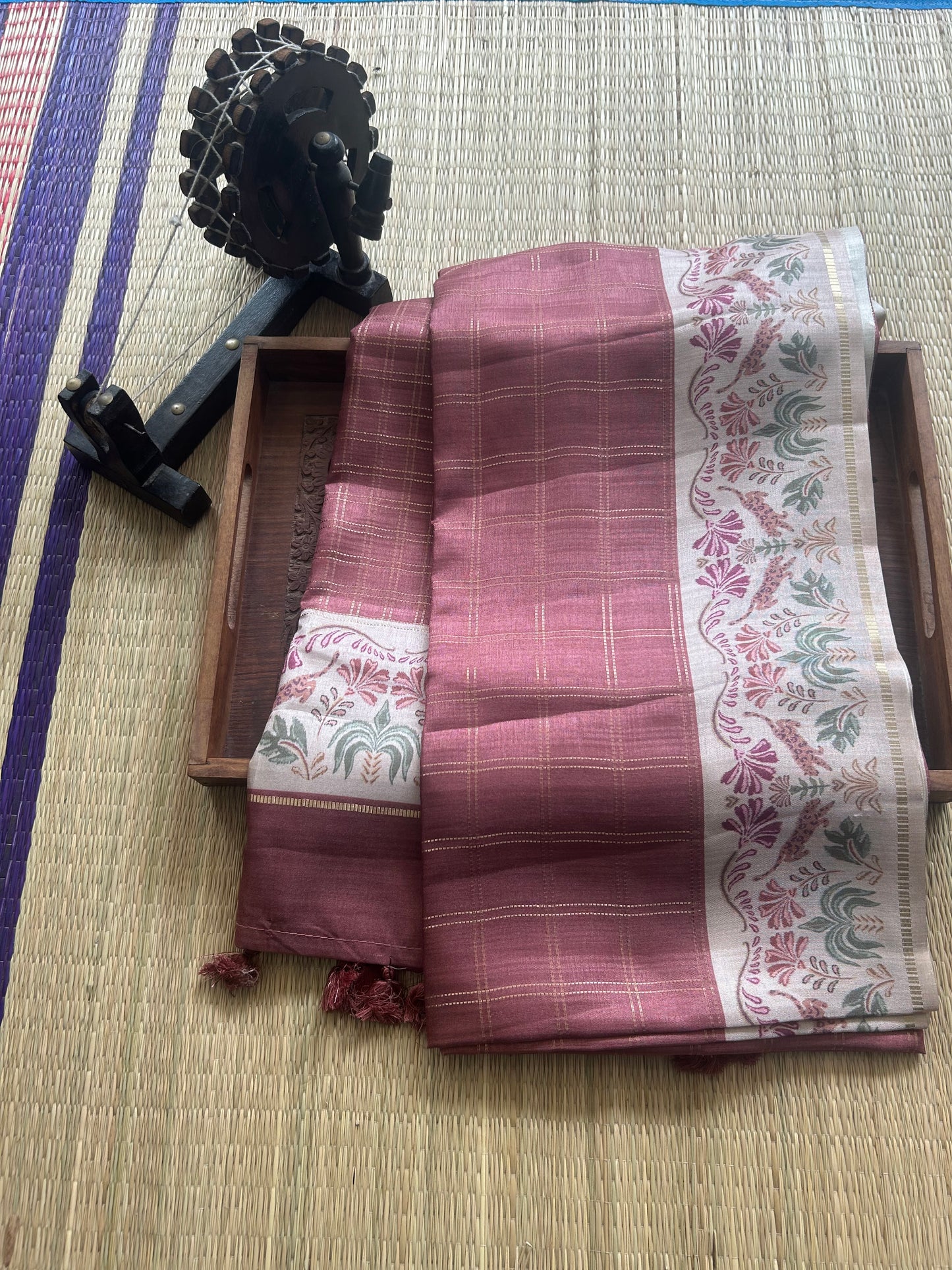 Semi Tussar Silk Saree -  Onion pink  color with Gold Zari Border - Elegant Fancy Saree for Party & Office Wear.