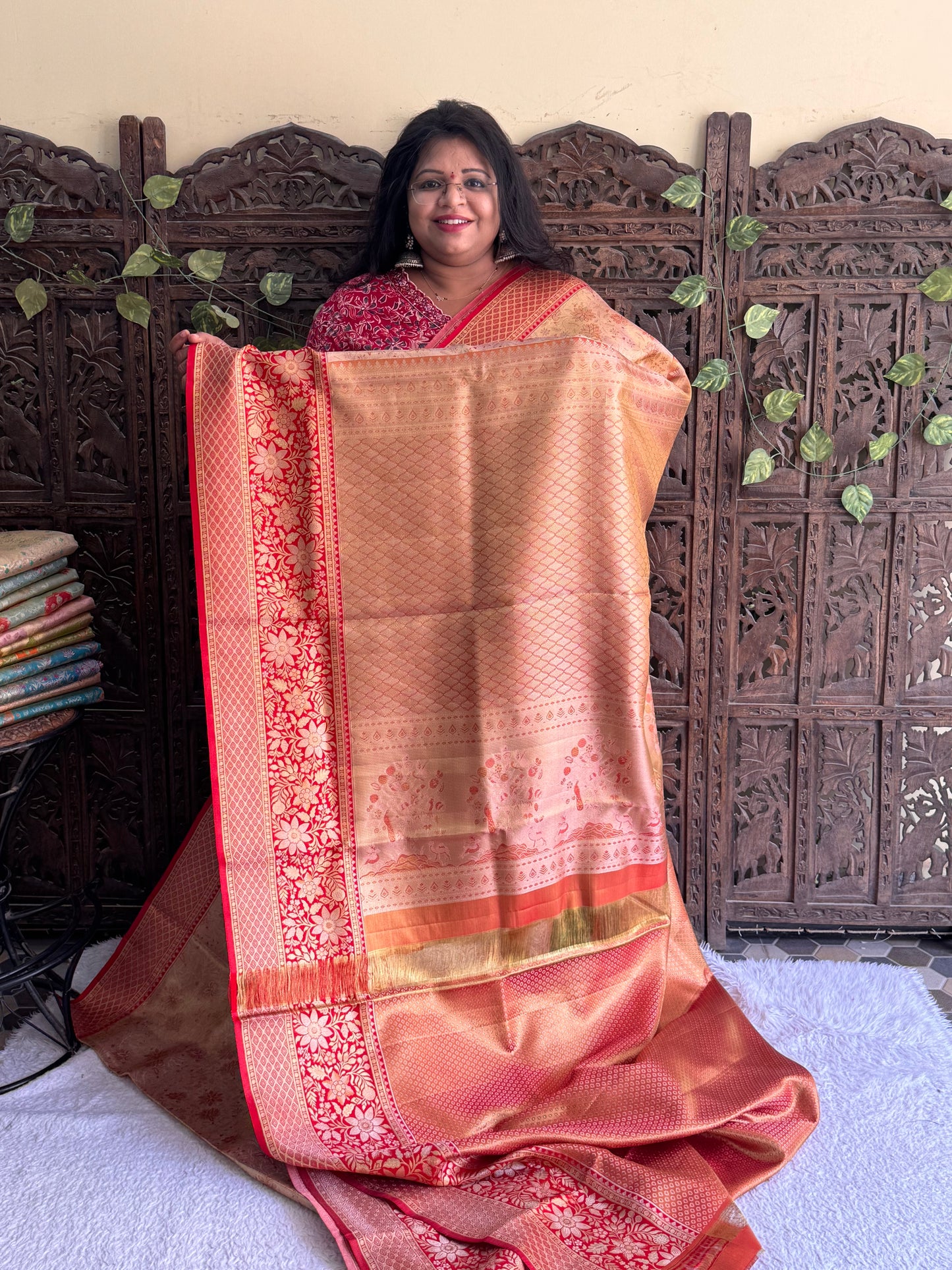 Peach Kanjivaram Bridal Silk Saree With Gold Zari Border  | Handloom | Silk Mark Certified. - Sampradaya Designer Studio