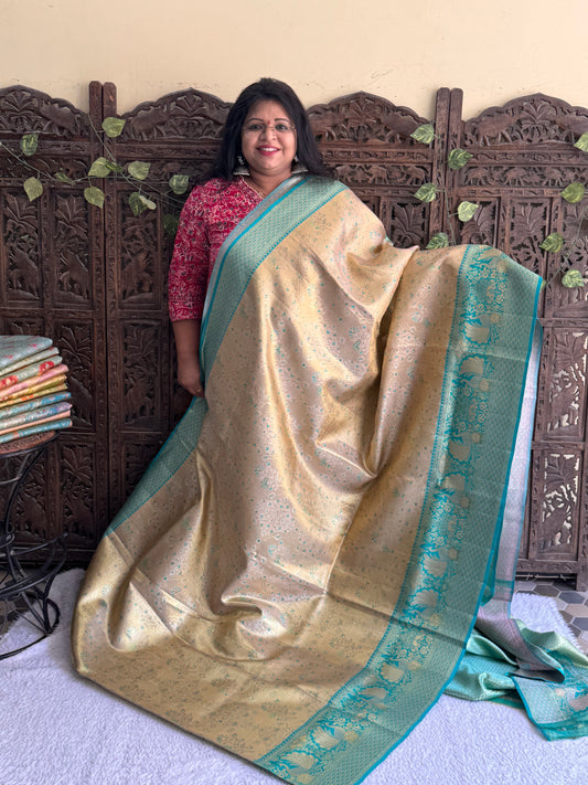 Cream Kanjivaram Bridal Silk Saree With Gold Zari Border  | Handloom | Silk Mark Certified