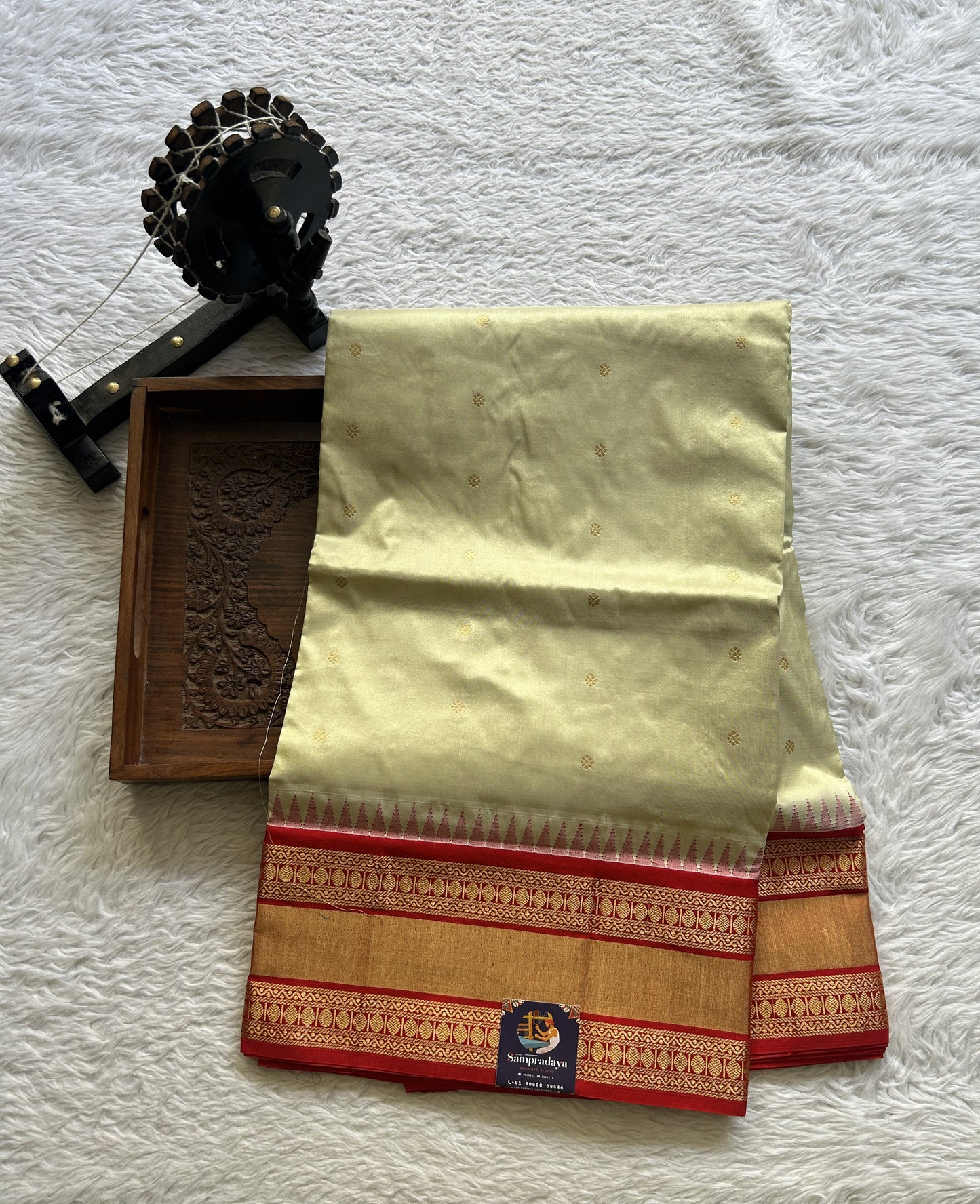 Narayanpet Silk Saree Cream Colored Complemented with a Red Zari Border. - Sampradaya Designer Studio