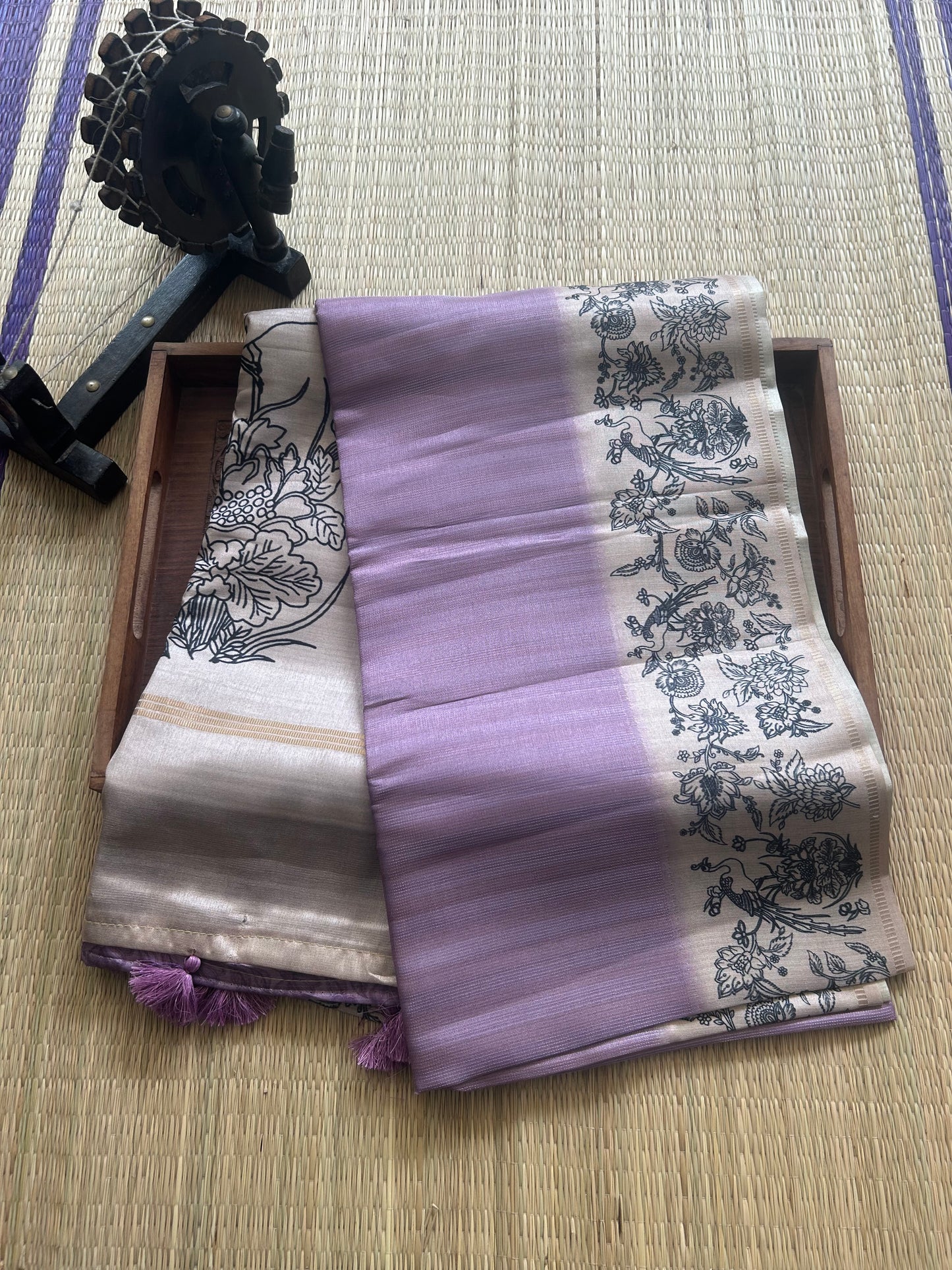 Semi Tussar Silk Saree -Lavender color with Gold Zari Border - Elegant Fancy Saree for Party & Office Wear.