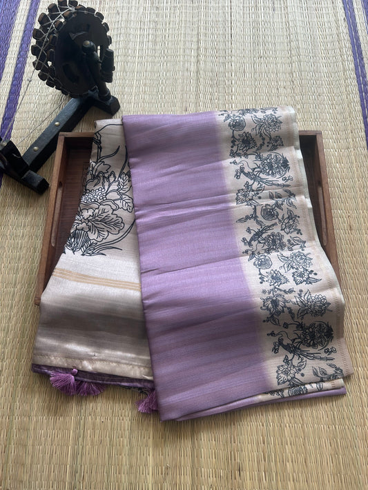 Semi Tussar Silk Saree -Lavender color with Gold Zari Border - Elegant Fancy Saree for Party & Office Wear.