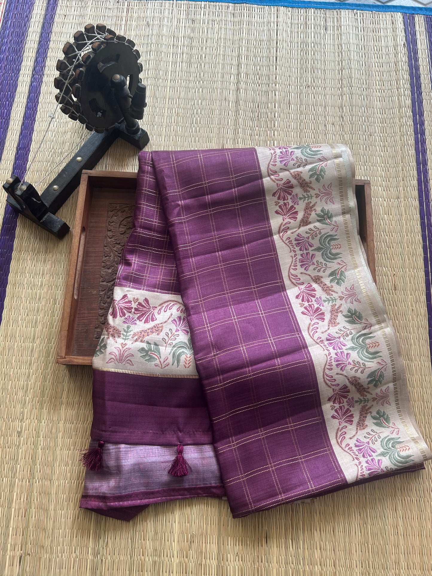 Semi Tussar Silk Saree - wine color with Gold Zari Border - Elegant Fancy Saree for Party & Office Wear.