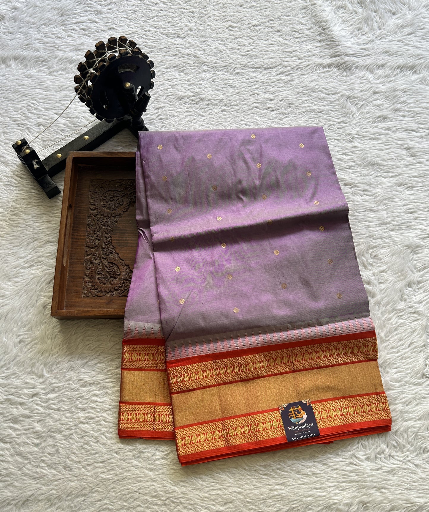 Narayanpet Silk Saree Lilac Colored Complemented with a Orange Zari Border. - Sampradaya Designer Studio