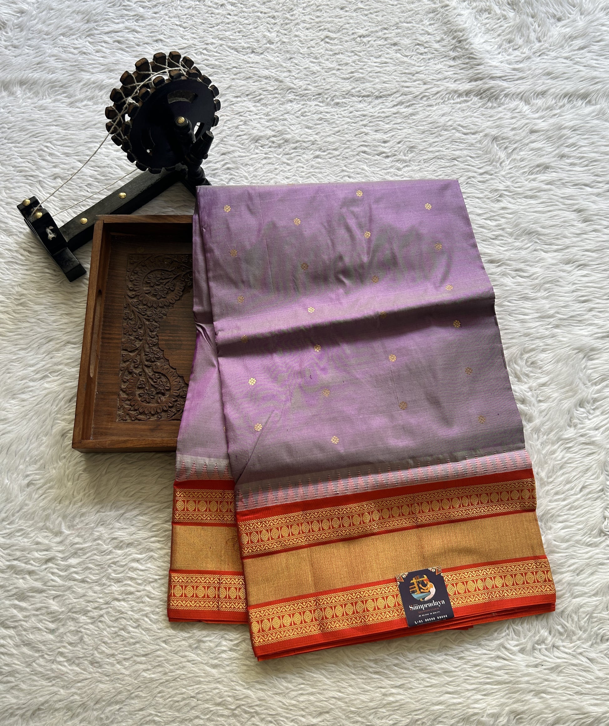 Narayanpet Silk Saree Lilac Colored Complemented with a Orange Zari Border. - Sampradaya Designer Studio