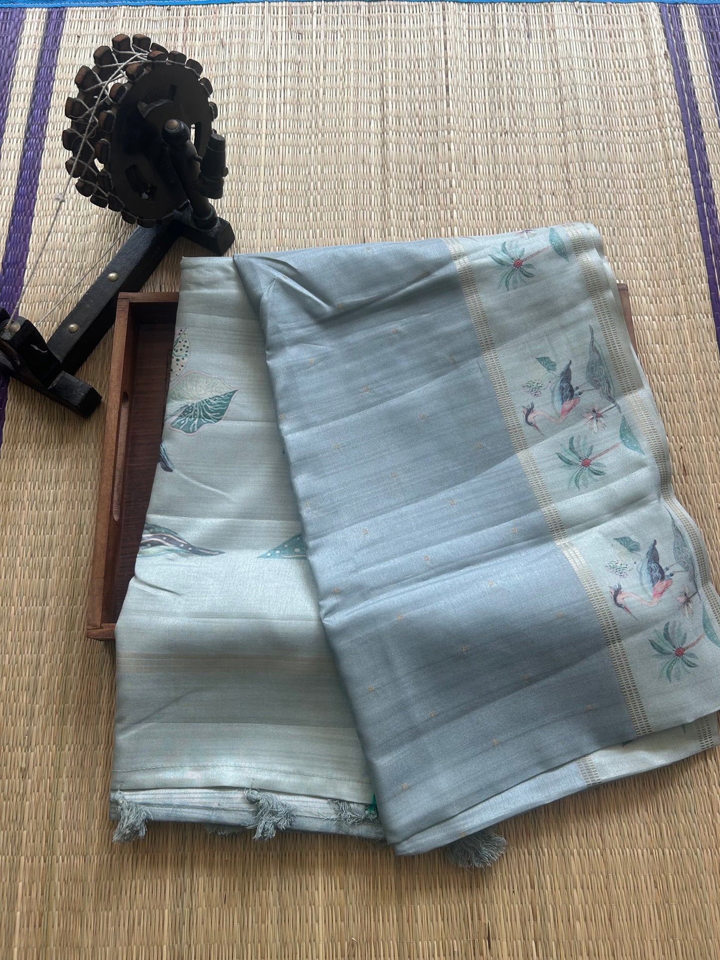Semi Tussar Silk Saree - Bluish Gray with Gold Zari Border - Elegant Fancy Saree for Party & Office Wear.