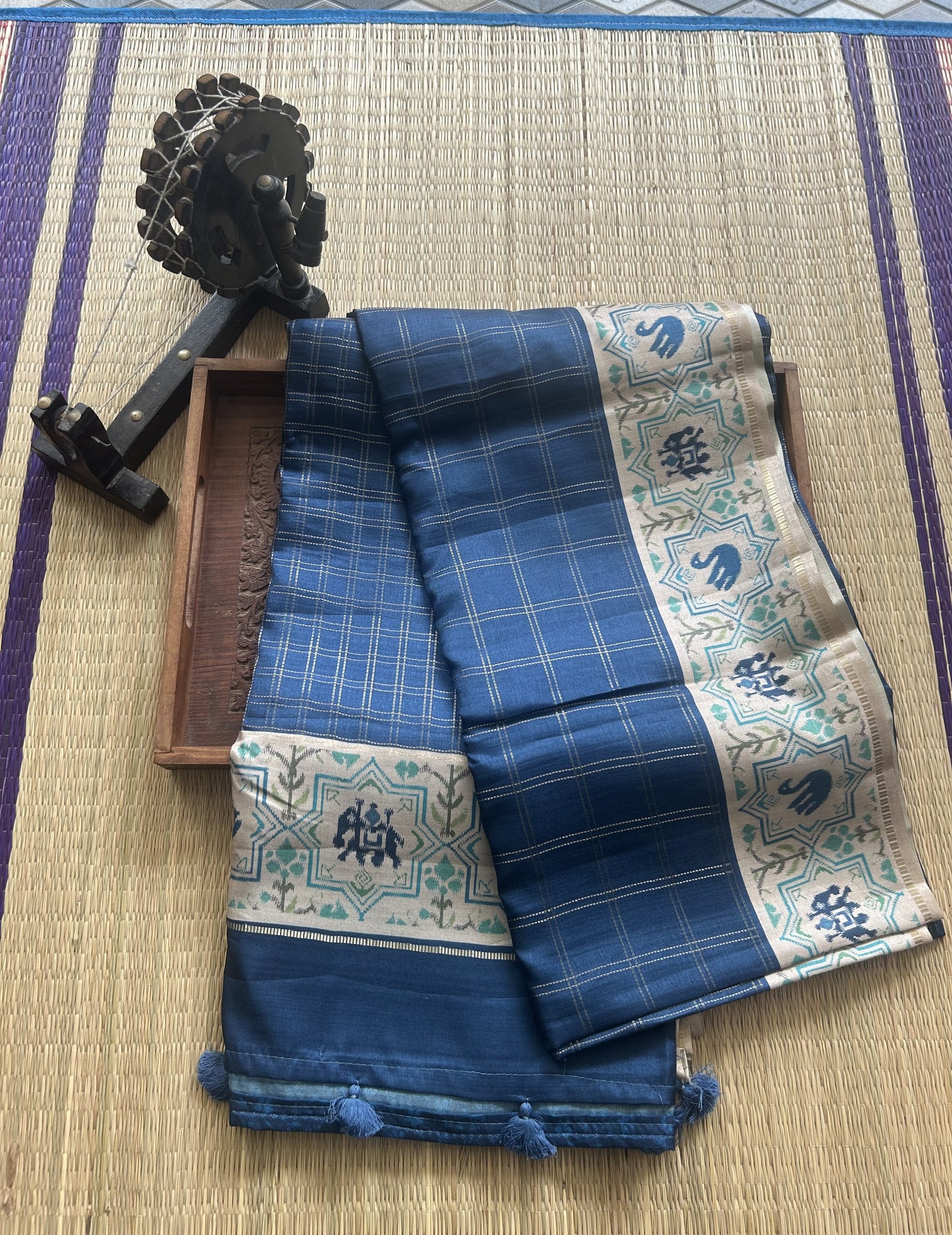 Semi Tussar Silk Saree -  Denim Blue Color with Gold Zari Border - Elegant Fancy Saree for Party & Office Wear.